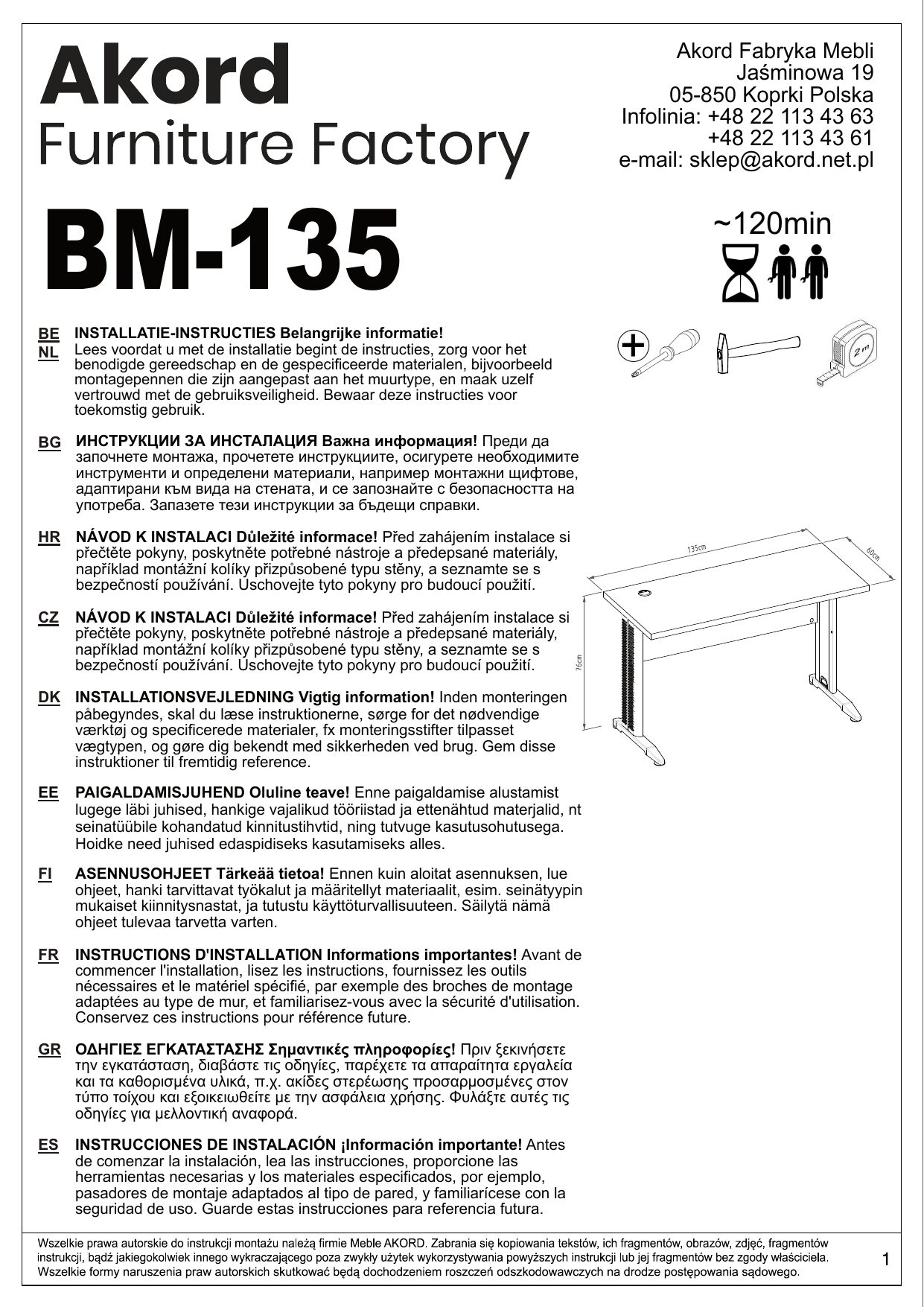 Escritorio BM-135 AKORD cajones 135x60 Blanco