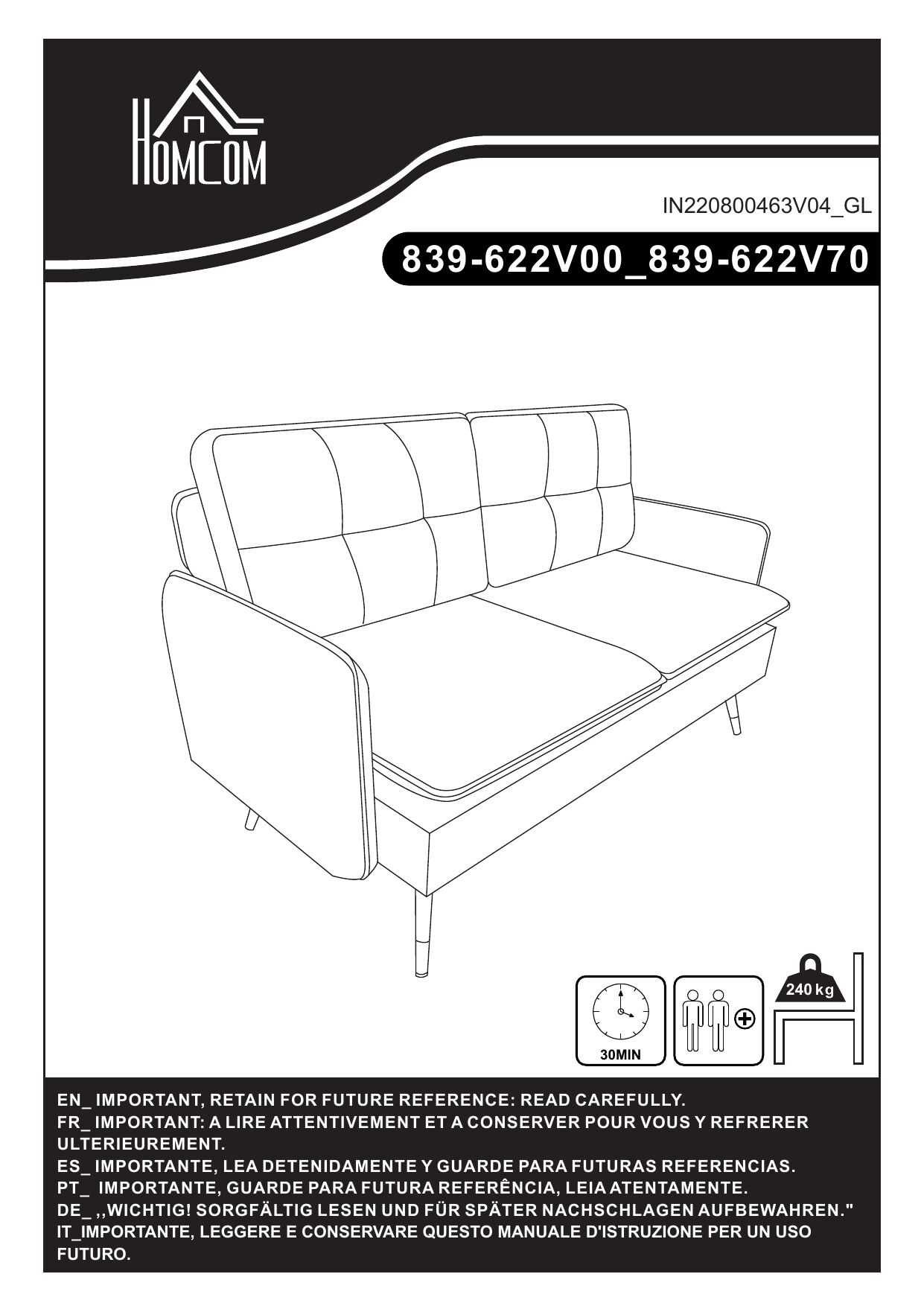 Sofá Dos Plazas Poliéster HOMCOM, hogar - sofás y butacas Crudo