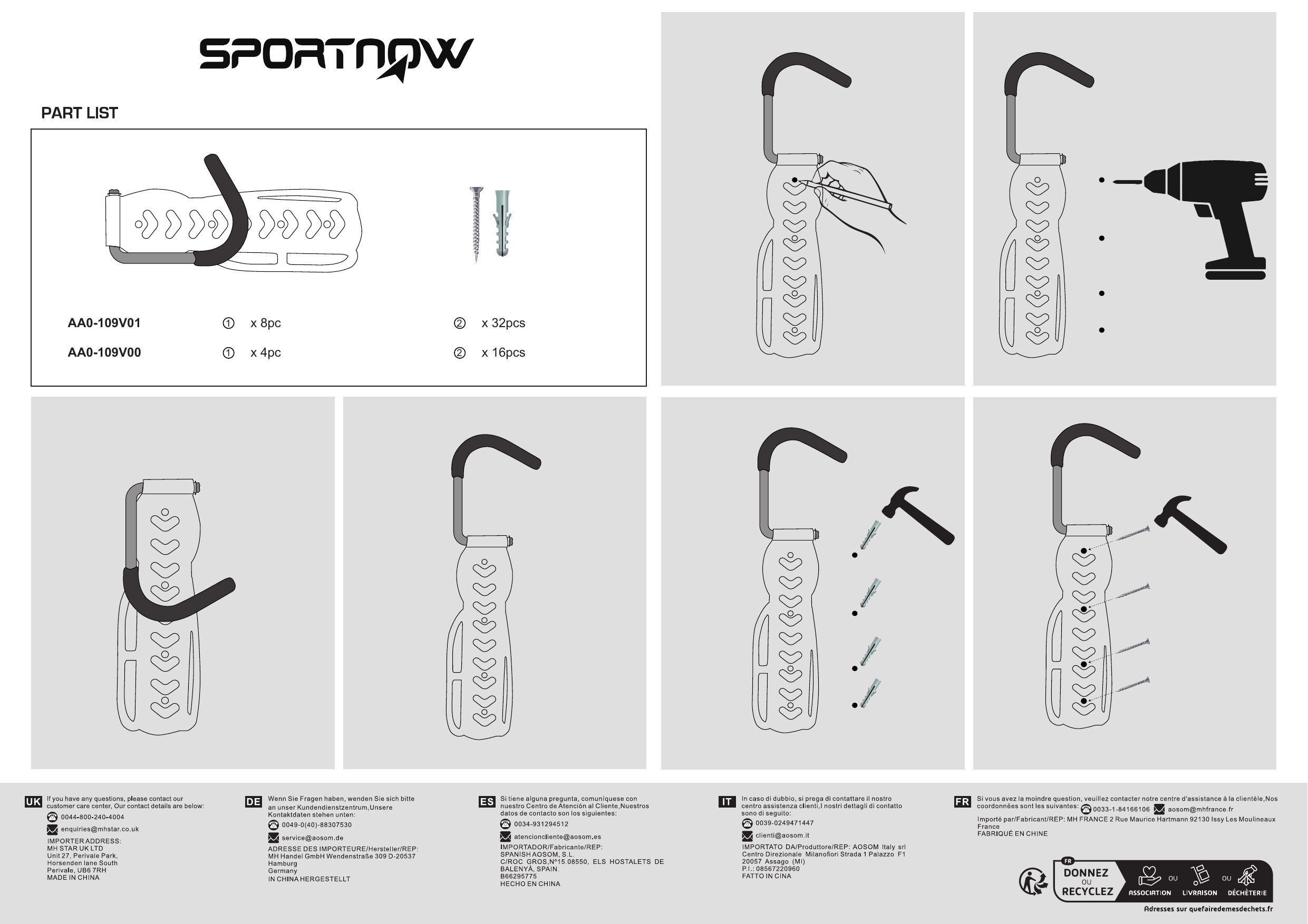 Soportes Bicicletas Pared Metal SPORTNOW Negro