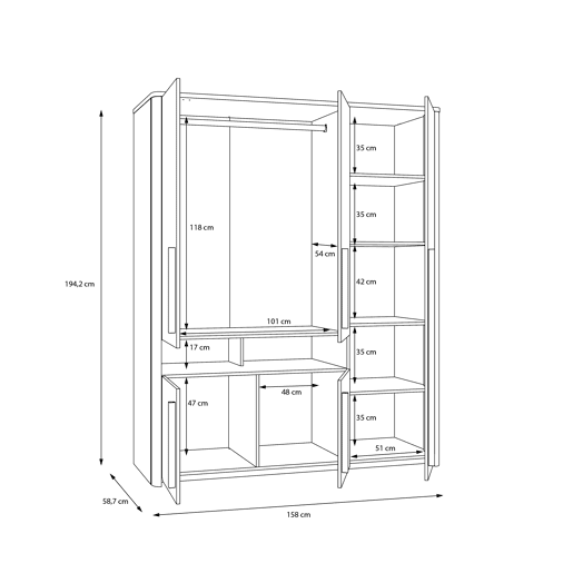Roupeiro SURFINO portas batentes 158x194cm cinza