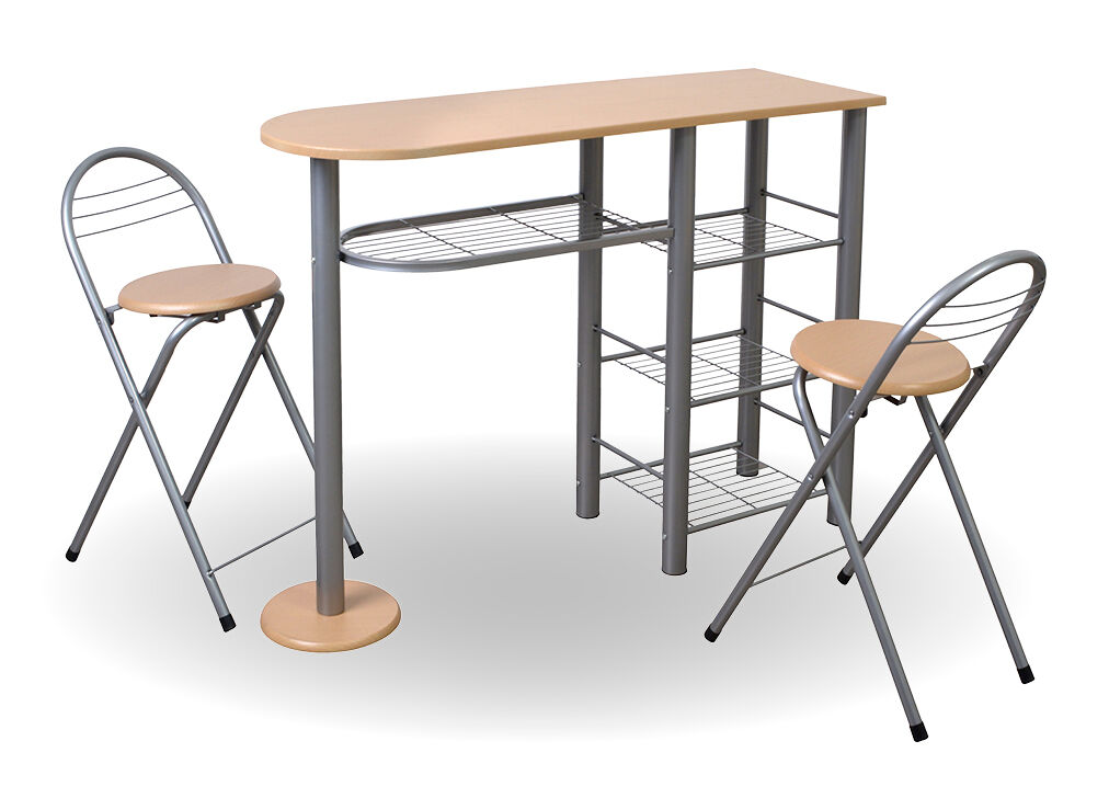 Conjunto malacca ii barra y 2 taburetes de bar haya y plata - conforama