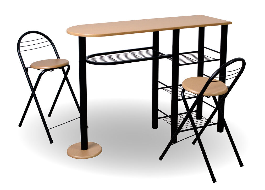 Conjunto malacca ii barra y 2 taburetes de bar haya y negro - conforama