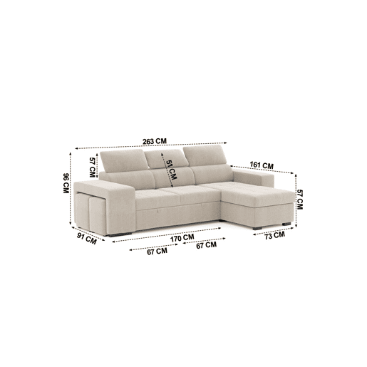 Chaise longue cama PHOENIX reversível 4 lugares bege