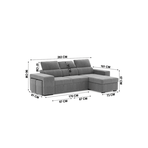 Chaise longue cama PHOENIX reversível 4 lugares cinza
