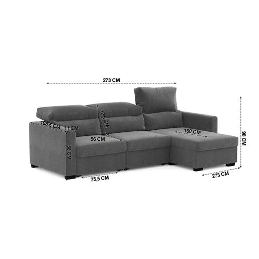 Chaise longue conversível em cama ARAM reversível 4 lugares cinza