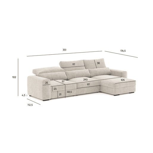 Chaise longue cama LANDON reversível 5 lugares bege