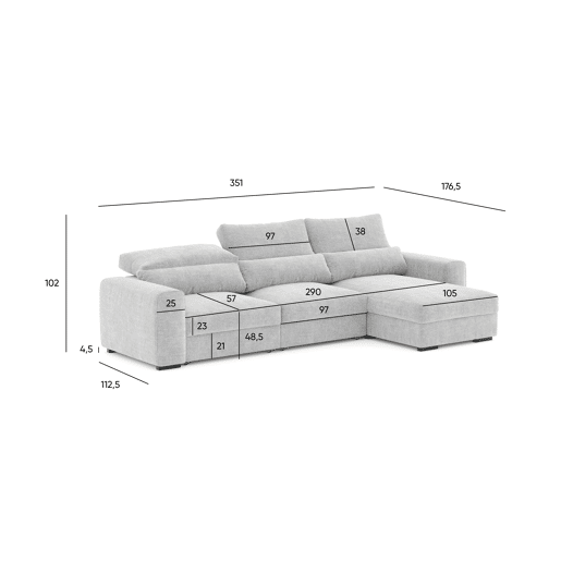 Chaise longue cama LANDON reversível 5 lugares cinza