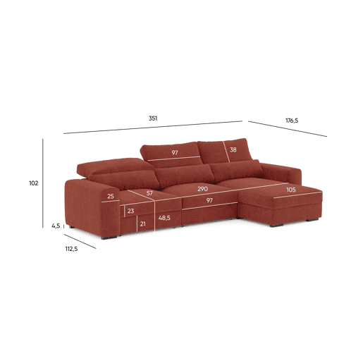 Chaise longue cama LANDON reversível 5 lugares castanho