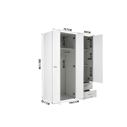 Roupeiro MOKARIS portas batentes e 2 gavetas 144x200cm branco