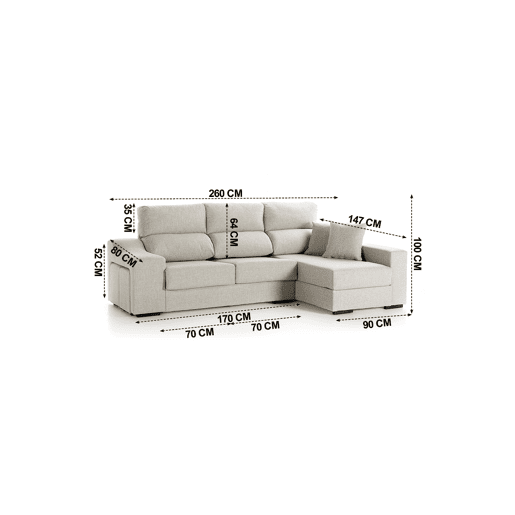 Chaise longue LUCIA IV dereita 4 lugares cinza claro