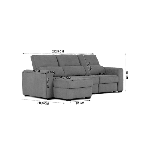 Chaise longue com cama 3 lugares CONNOR cor cinza escuro