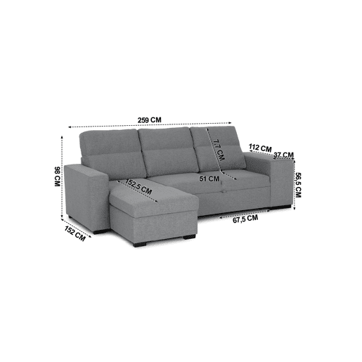 Chaise longue com cama HARRISON reversível 3 lugares cinza
