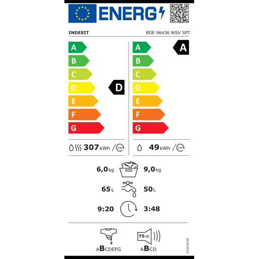 Máquina lavar-secar roupa INDESIT BDE 96436 WSV SPT 9kg6kg 1400 RPM