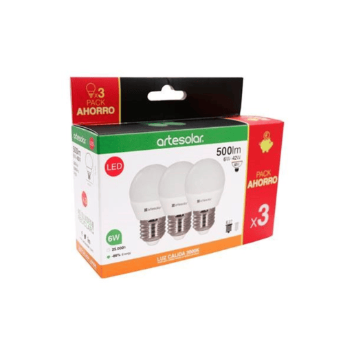 Pack de 3 lâmpadas led esférico E27 6W 3000K Pack de 3 lâmpadas led esférico E27 6W 3000K