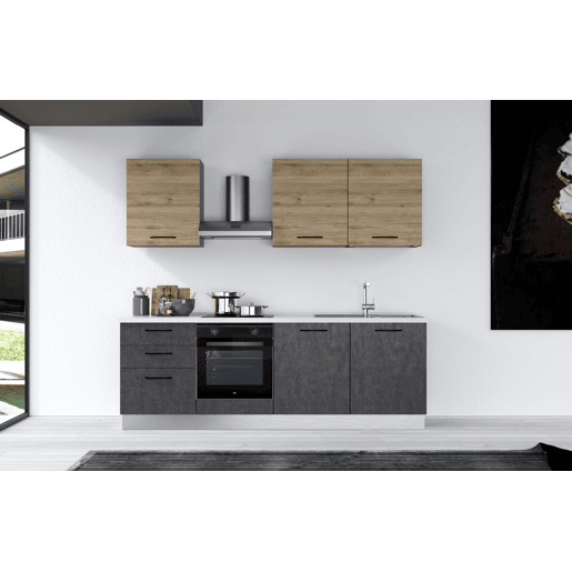 Cozinha com eletrodomésticos GILDA 2.0 240cm direita madeira e cinza escuro