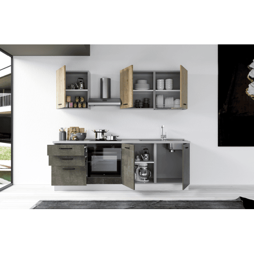 Cozinha com eletrodomésticos GILDA 2.0 240cm direita madeira e cinza escuro