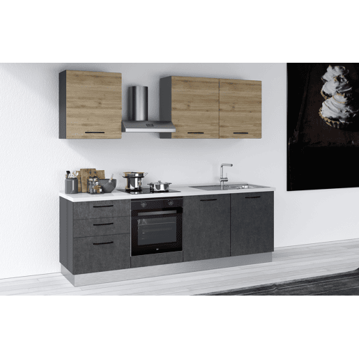 Cozinha com eletrodomésticos GILDA 2.0 240cm direita madeira e cinza escuro