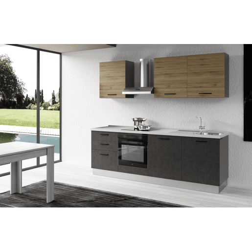 Cozinha com eletrodomésticos GILDA 2.0 240cm direita madeira e cinza escuro