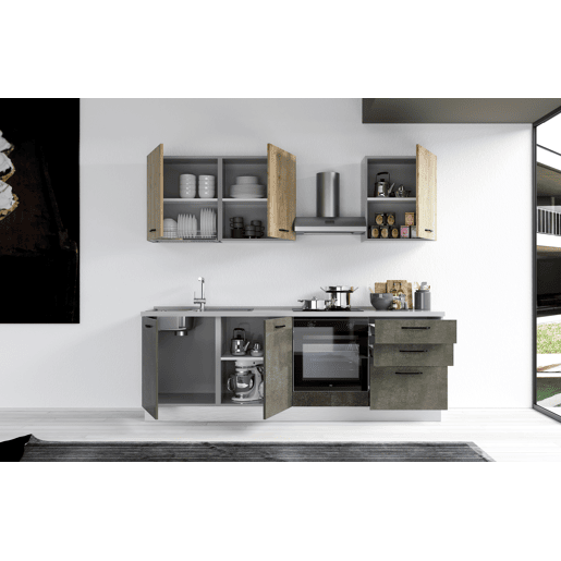 Cozinha com eletrodomésticos GILDA 2.0 240cm esquerda madeira e cinza escuro