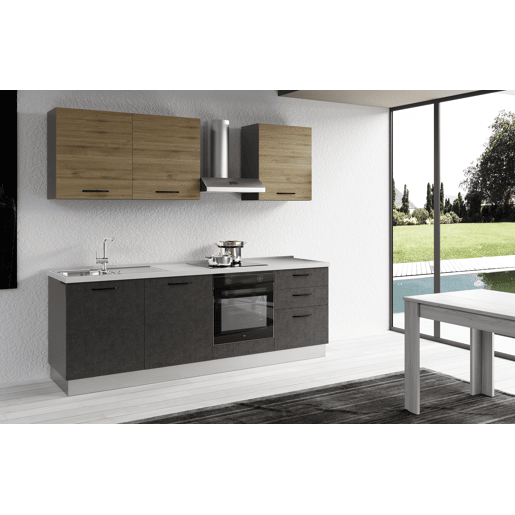 Cozinha com eletrodomésticos GILDA 2.0 240cm esquerda madeira e cinza escuro