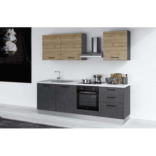 Cozinha com eletrodomésticos GILDA 2.0 240cm esquerda madeira e cinza escuro