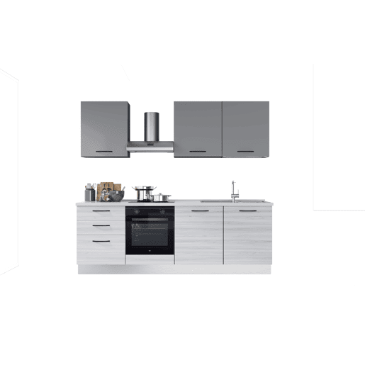Cozinha com eletrodomésticos GILDA 2.0 240cm direita cinza claro e madeira cinza