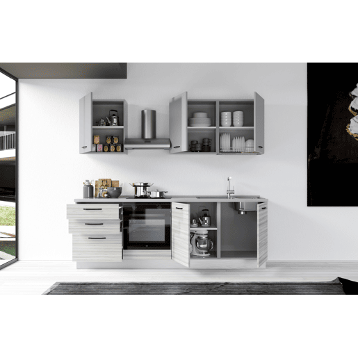 Cozinha com eletrodomésticos GILDA 2.0 240cm direita cinza claro e madeira cinza