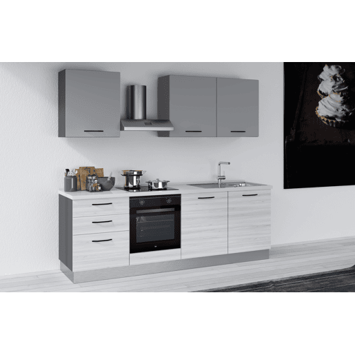 Cozinha com eletrodomésticos GILDA 2.0 240cm direita cinza claro e madeira cinza