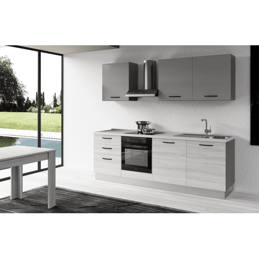 Cozinha com eletrodomésticos GILDA 2.0 240cm direita cinza claro e madeira cinza