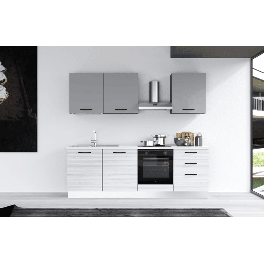 Cozinha com eletrodomésticos GILDA 2.0 240cm esquerda cinza claro e madeira cinza