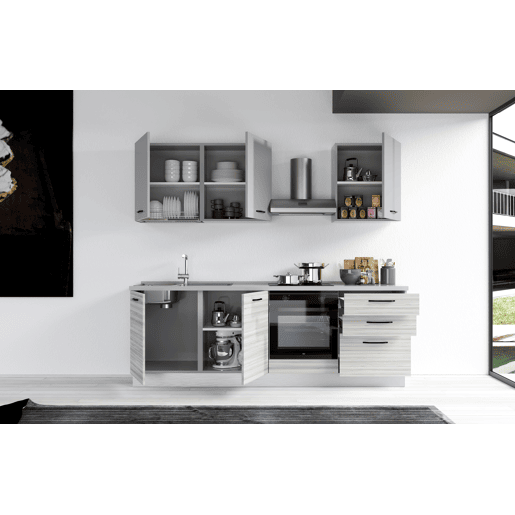 Cozinha com eletrodomésticos GILDA 2.0 240cm esquerda cinza claro e madeira cinza