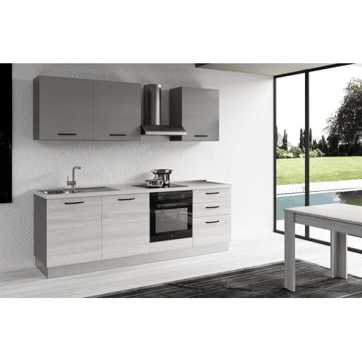 Cozinha com eletrodomésticos GILDA 2.0 240cm esquerda cinza claro e madeira cinza
