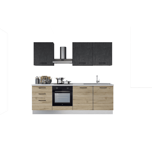 Cozinha com eletrodomésticos GILDA 2.0 240cm direita cinza escuro e madeira