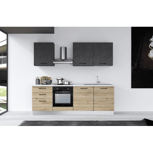 Cozinha com eletrodomésticos GILDA 2.0 240cm direita cinza escuro e madeira