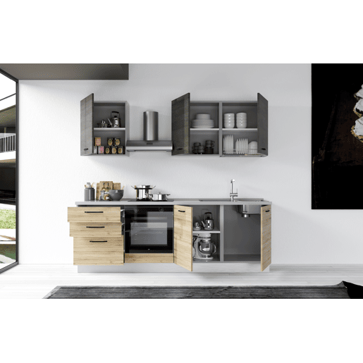 Cozinha com eletrodomésticos GILDA 2.0 240cm direita cinza escuro e madeira