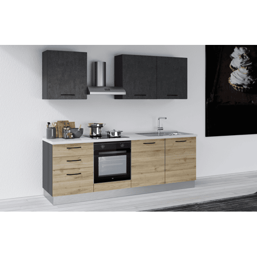 Cozinha com eletrodomésticos GILDA 2.0 240cm direita cinza escuro e madeira