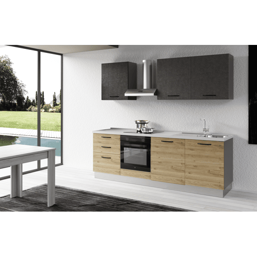 Cozinha com eletrodomésticos GILDA 2.0 240cm direita cinza escuro e madeira