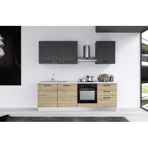 Cozinha com eletrodomésticos GILDA 2.0 240cm esquerda cinza escuro e madeira Cozinha com eletrodomésticos GILDA 2.0 240cm esquerda cinza escuro e madeira