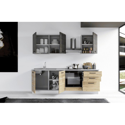 Cozinha com eletrodomésticos GILDA 2.0 240cm esquerda cinza escuro e madeira Cozinha com eletrodomésticos GILDA 2.0 240cm esquerda cinza escuro e madeira