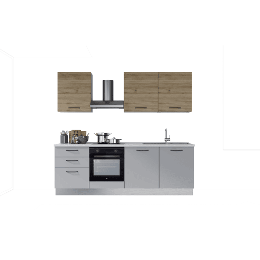 Cozinha com eletrodomésticos GILDA 2.0 240cm direita madeira e cinza claro