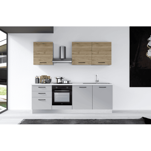 Cozinha com eletrodomésticos GILDA 2.0 240cm direita madeira e cinza claro