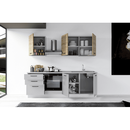 Cozinha com eletrodomésticos GILDA 2.0 240cm direita madeira e cinza claro