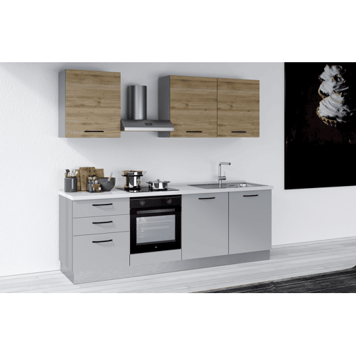 Cozinha com eletrodomésticos GILDA 2.0 240cm direita madeira e cinza claro