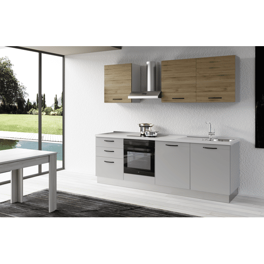 Cozinha com eletrodomésticos GILDA 2.0 240cm direita madeira e cinza claro