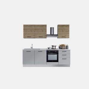 Cozinha com eletrodomésticos GILDA 2.0 240cm esquerda madeira e cinza claro