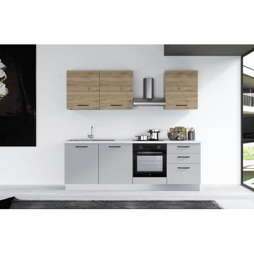 Cozinha com eletrodomésticos GILDA 2.0 240cm esquerda madeira e cinza claro Cozinha com eletrodomésticos GILDA 2.0 240cm esquerda madeira e cinza claro