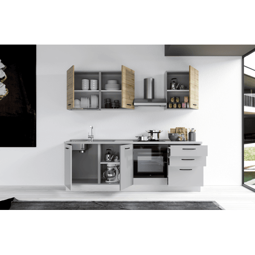 Cozinha com eletrodomésticos GILDA 2.0 240cm esquerda madeira e cinza claro Cozinha com eletrodomésticos GILDA 2.0 240cm esquerda madeira e cinza claro