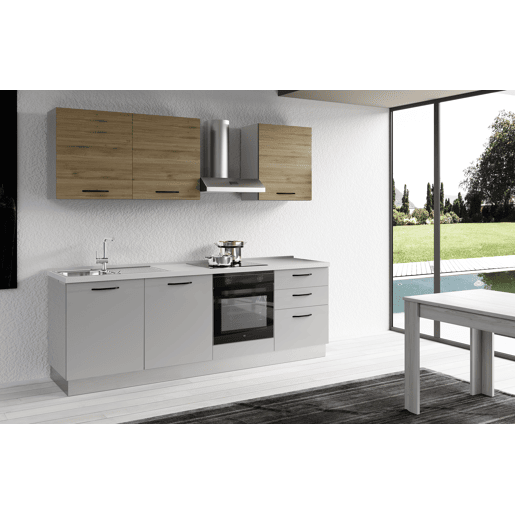 Cozinha com eletrodomésticos GILDA 2.0 240cm esquerda madeira e cinza claro Cozinha com eletrodomésticos GILDA 2.0 240cm esquerda madeira e cinza claro