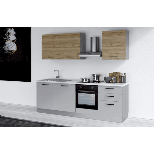 Cozinha com eletrodomésticos GILDA 2.0 240cm esquerda madeira e cinza claro Cozinha com eletrodomésticos GILDA 2.0 240cm esquerda madeira e cinza claro