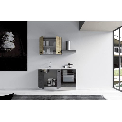 Cozinha com eletrodomésticos GILDA 2.0 150cm esquerda madeira e cinza escuro Cozinha com eletrodomésticos GILDA 2.0 150cm esquerda madeira e cinza escuro